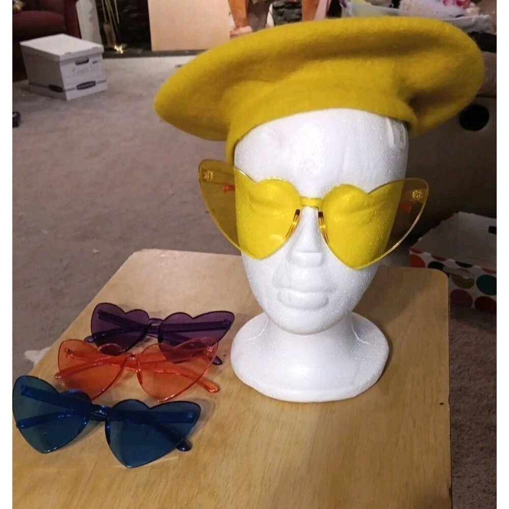 Yellow Beret Wool Blend Hat One Size Matching Yellow Heart Sunglasses-Decorative
